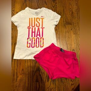 Nike Just That Good Shirt with Matching Pink Champion Shorts Size 6/7